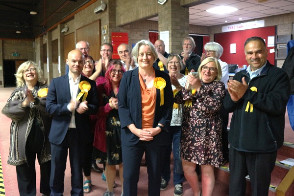 Claire Young and Liberal Democrat supporters after her win