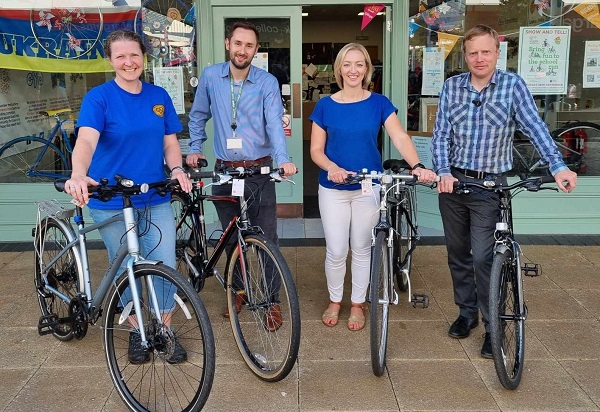 Rebecca Bennett of Yate Community Bike Hub with Will Nelson of South Gloucestershire Council, Becky Grundy from Broadway Infant School and Chris Strawson from The Ridge Junior School.