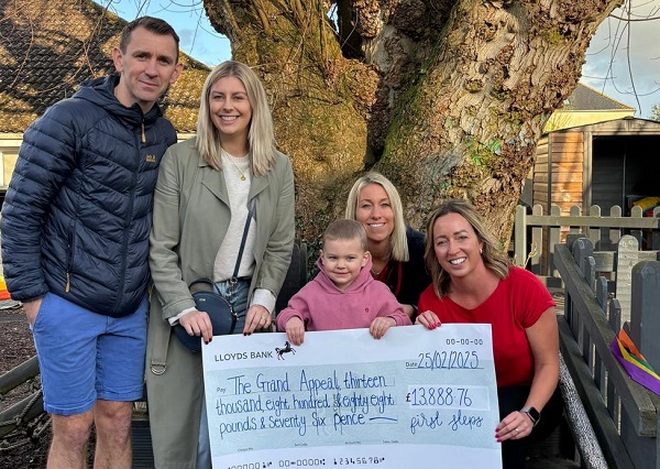 Sienna Mullins with parents Joe and Jo, and Hollie Dennis & Clare Saphier, of First Steps nursery in Chipping Sodbury