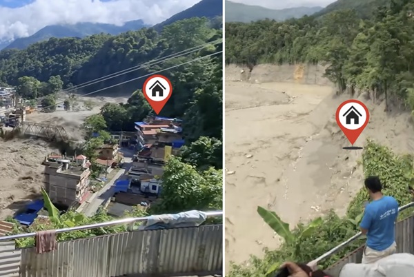 Two images show where one of Kabul and Bikrant Maharjan's relatives' home stood, before and after the flood